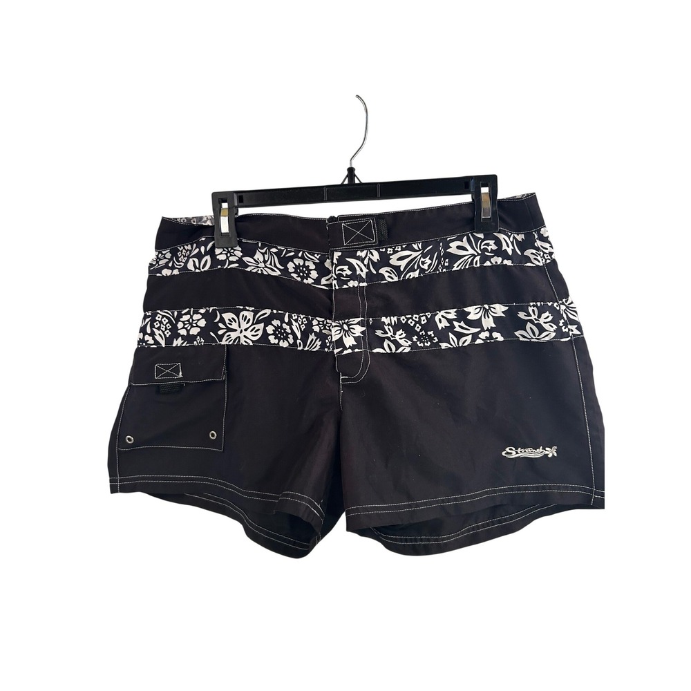Strand Board Shorts Large Black Floral Hibiscus Tropical Swim Trunks Womens